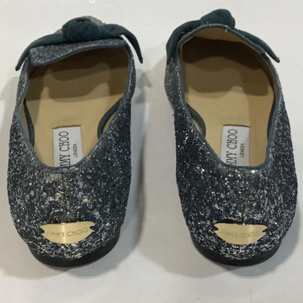 Women’s Jimmy Choo Silver Glitter Bow Loafers Slip On Flats Size 37.5